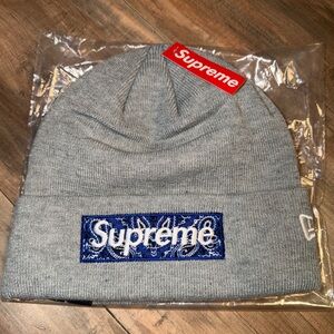 Supreme Light Gray Beanie with Blue Paisley Logo